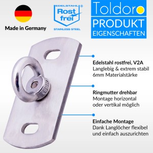 Toldoro Wandhalterung aus Edelstahl für Sonnensegel und Hängematten.