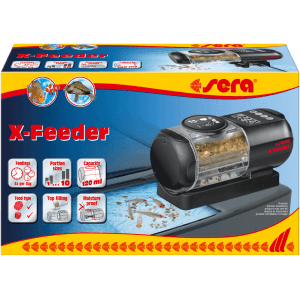 Sera Futterautomat X-Feeder für Aquarien, mit digitaler Steuerung und transparentem Futterbehälter.