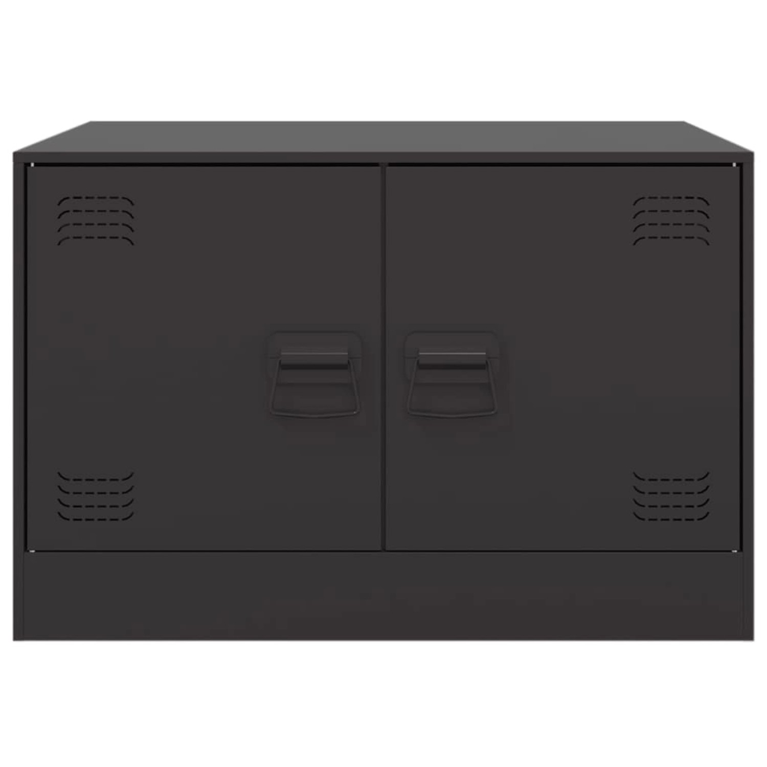 Schwarzer vidaXL Couchtisch aus Stahl, 67x50x44 cm, mit zwei Türen und Griffen.