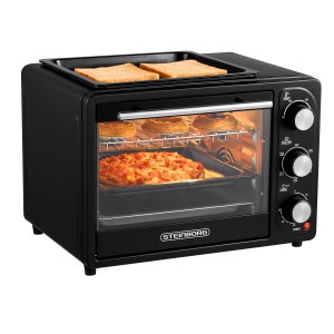 Steinborg Minibackofen SB-3001, 20 Liter, schwarz, mit Pizza, Kuchen und Toast.
