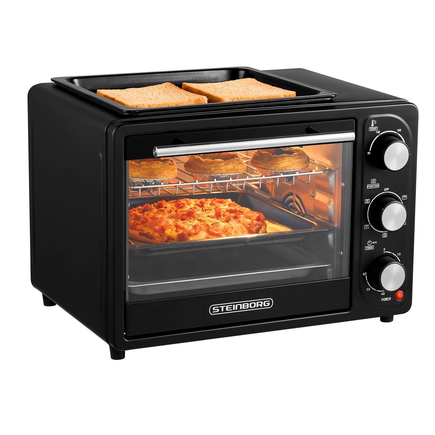 STEINBORG Minibackofen SB-3001, 20 Liter, Umluft, 3 in 1 Funktion, Grillplatte, 1300 W
