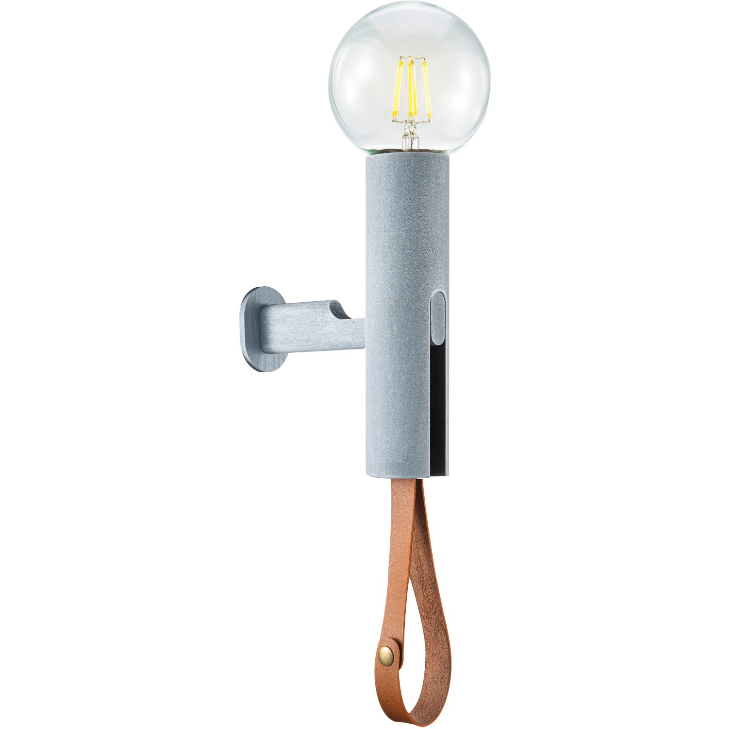 Graue Just Light Wandleuchte Turn me Beton mit brauner Schlaufe und E27 Fassung.