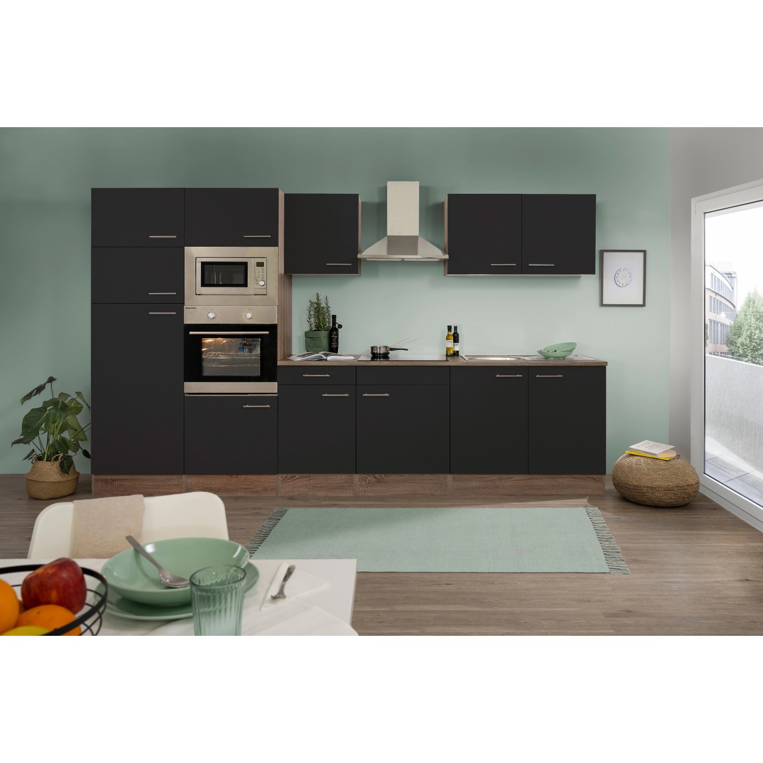 Respekta Küchenzeile/Küchenblock KB330EYSMIGKE 330 cm Schwarz-Eiche York Nachbildung