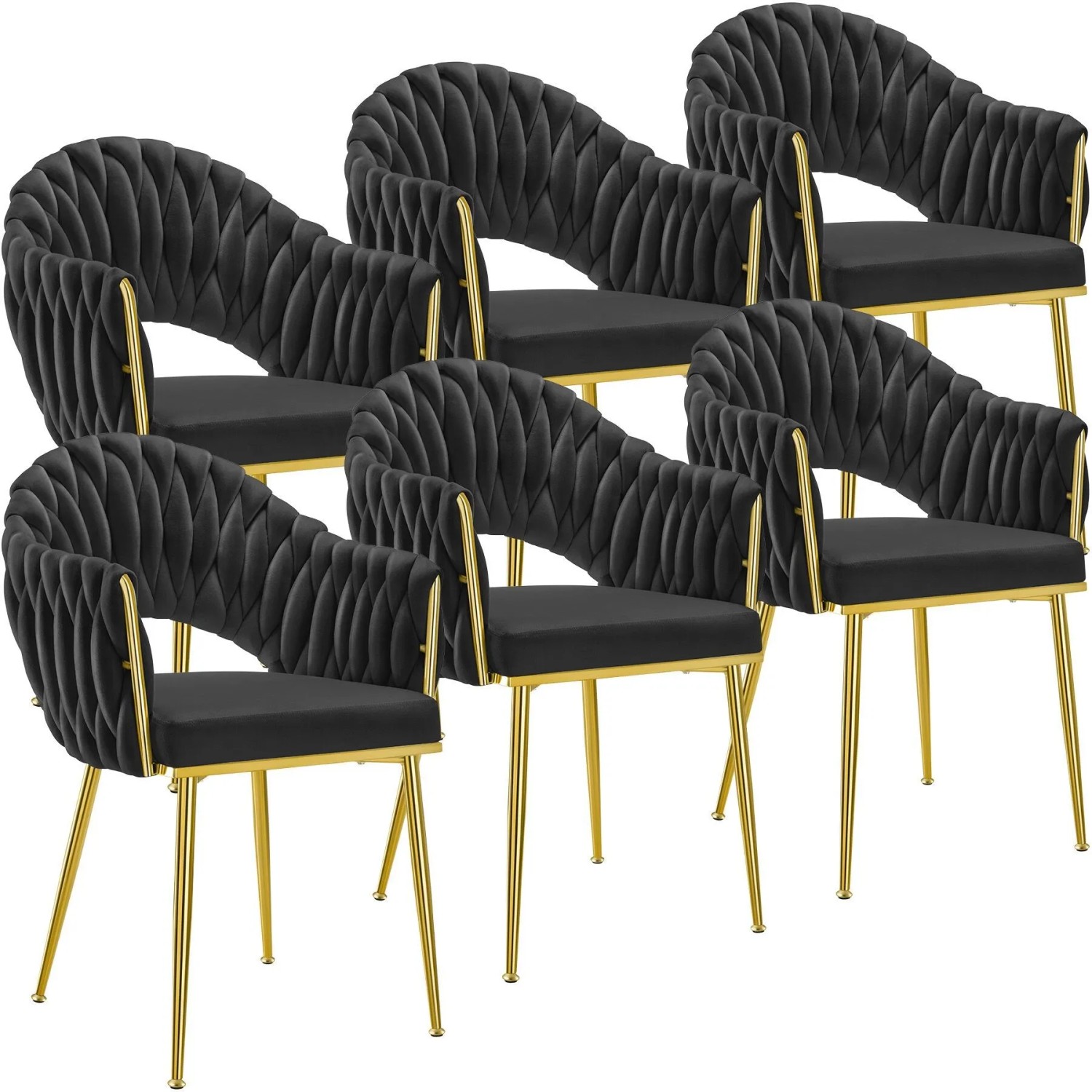 Tectake Esszimmerstuhl Caslano Gepolstert  Mit Samtbezug Durchgehende Lehne Im Flechtdesign 6Er Set 57 x 55 x 84 cm Schwarz Gold