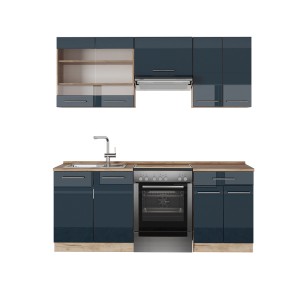 Vicco Fame-Line Küchenzeile, 200 cm, dunkelblau hochglanz/Goldkraft Eiche, ohne Arbeitsplatte.