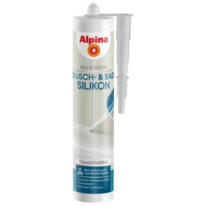 Alpina Dusch- und Bad-Silikon, transparent, 300ml Kartusche mit Aufsatz für Bad und Küche.