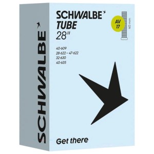 Schwalbe Fahrradschlauch AV 17 für 28 Zoll Reifen, in hellblauer Verpackung mit Ventil-Details.
