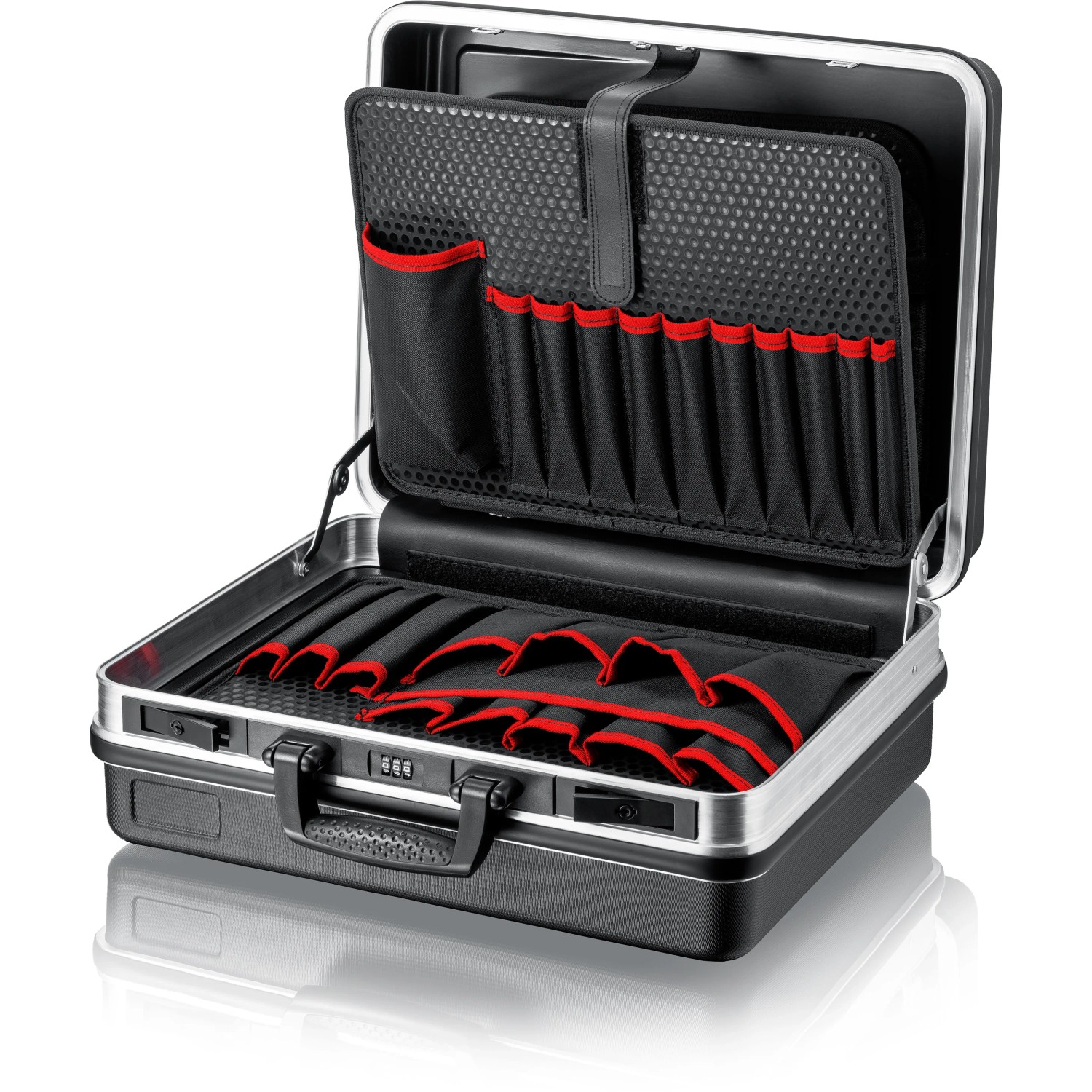 Offener, schwarzer Knipex Werkzeugkoffer Basic mit Zahlenschloss und Werkzeugfächern.