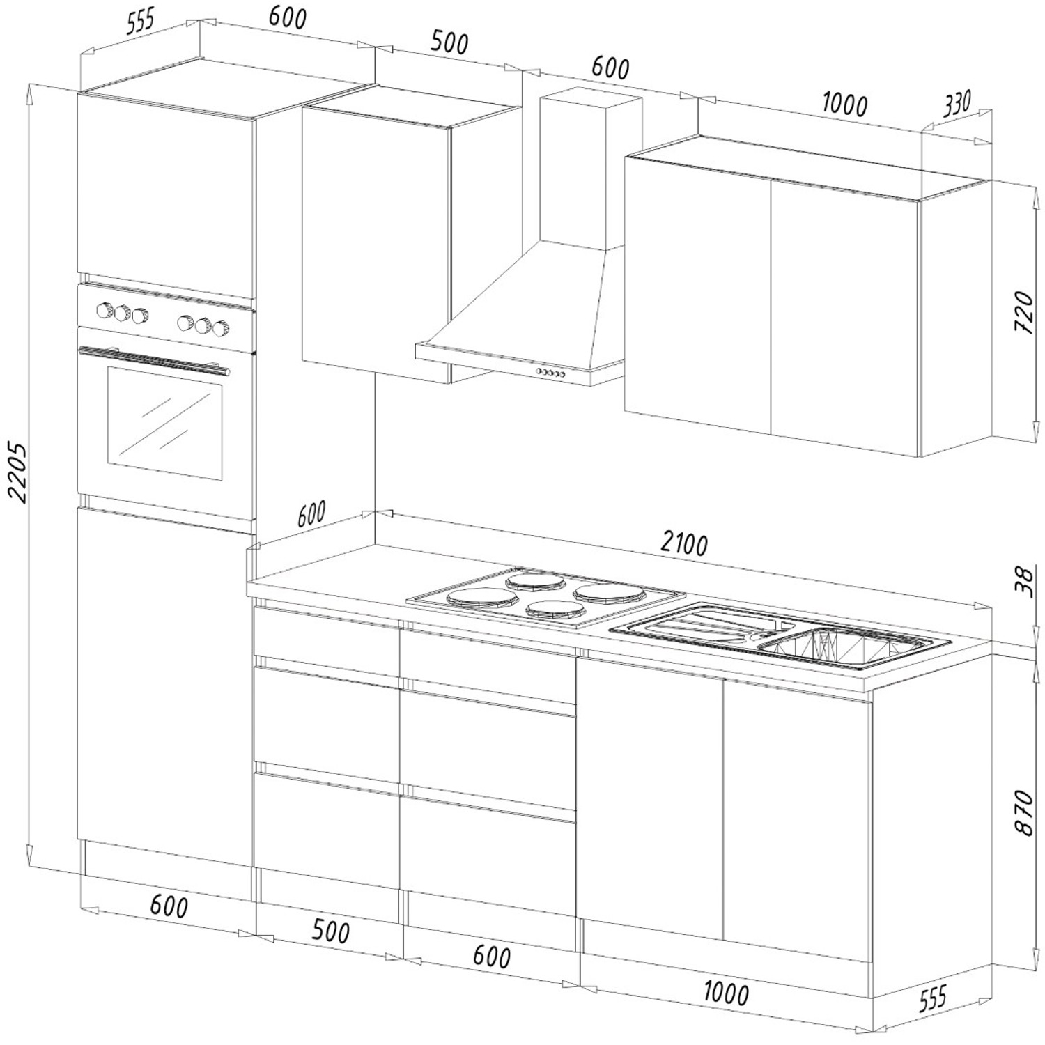 Skizze der Respekta Küchenzeile 270 cm in Schwarz Hochglanz-Weiß, grifflos, mit Maßen.