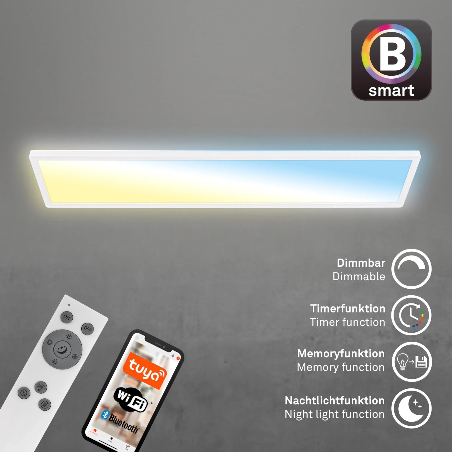 Brilo Wifi-LED Panel Tava, smarte Deckenleuchte mit App- und Sprachsteuerung, dimmbar, mit Fernbedienung und Smartphone.