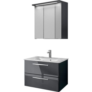 Pelipal Badmöbel-Set Trentino, 77 cm, Anthrazit Hochglanz, 3-teilig mit Spiegelschrank und Waschbeckenunterschrank.