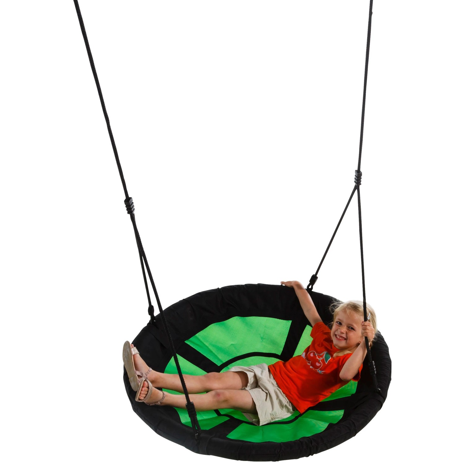 AXI Nestschaukel Swibee Schwarz: Runde Schaukel mit grünem Sitz, Kind liegt entspannt darin.