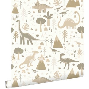 ESTAhome Tapete Dinosaurier Beige und Taupe 53 cm x 10.05 m