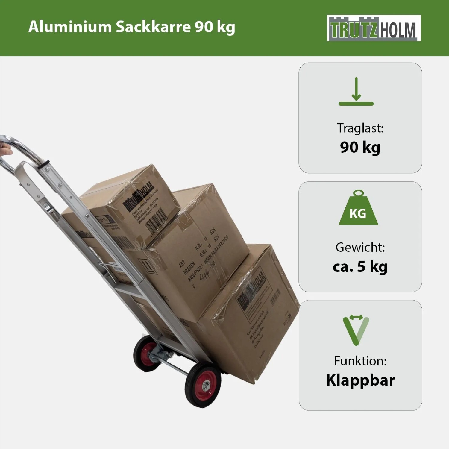 TRUTZHOLM Aluminium Sackkarre, klappbar, mit Kartons beladen. Traglast 90kg.