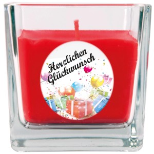 Duftkerze im Glas mit "Herzlichen Glückwunsch" Motiv, ideal als Geburtstagsgeschenk.