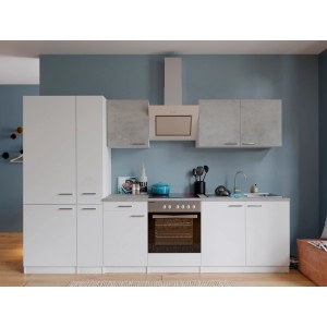 Respekta Economy Küchenzeile 300 cm in Weiß und Betonoptik mit E-Geräten.