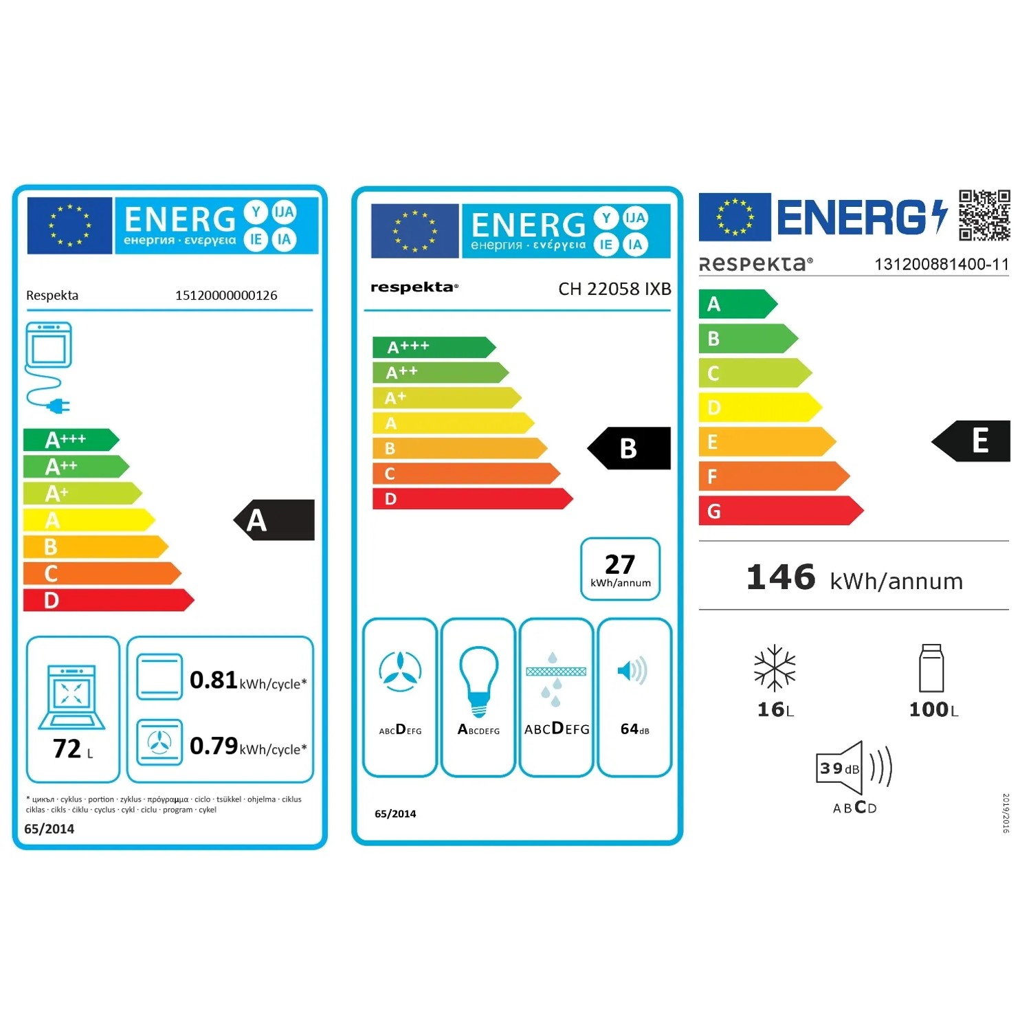 Energieeffizienzlabel für Respekta Küchengeräte: Herd A, Dunstabzug B, Kühlschrank E.