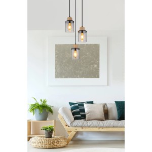 Globo Hängeleuchte Reid, 3-flammig, schwarz/holzfarben. Pendelleuchte mit Glas-Schirmen im Wohnraum.