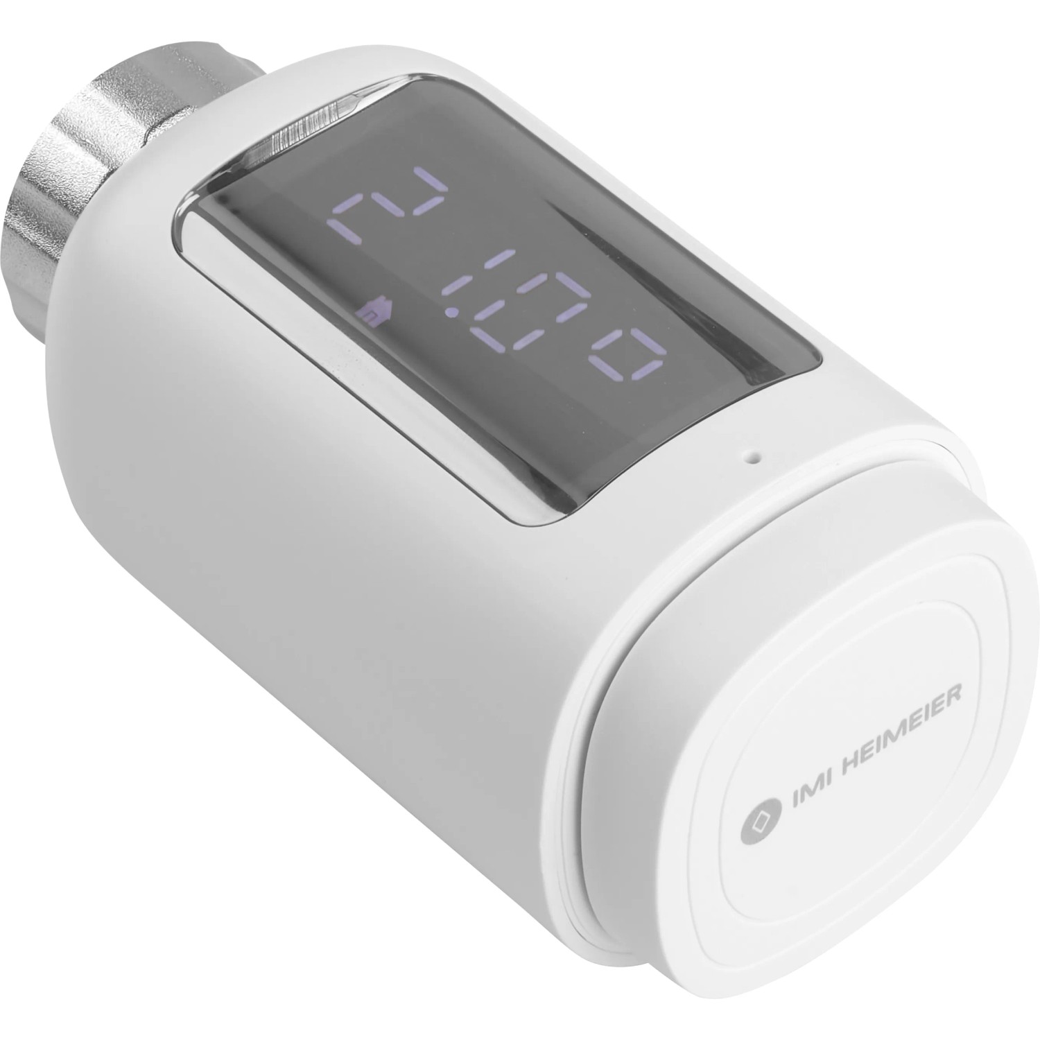 Elektrisches Thermostatventil HeimSync Bluetooth in Weiß mit Display zur Heizungs-Installation.