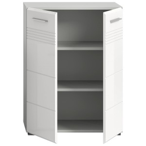 Grau-weißer Midischrank (60x80x30cm) mit offenen Türen und zwei Einlegeböden. Bad-Einbauschrank.
