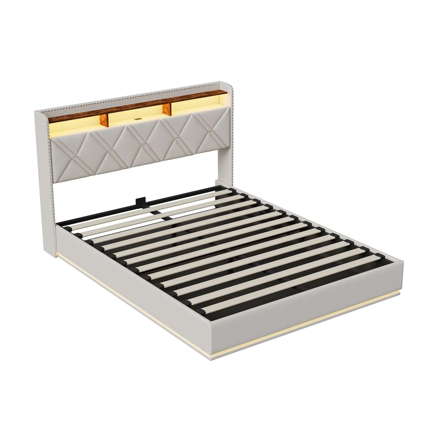 PXloue Polsterbett Jugendbett 90x200 mit Verstellbare LED& USB Beige