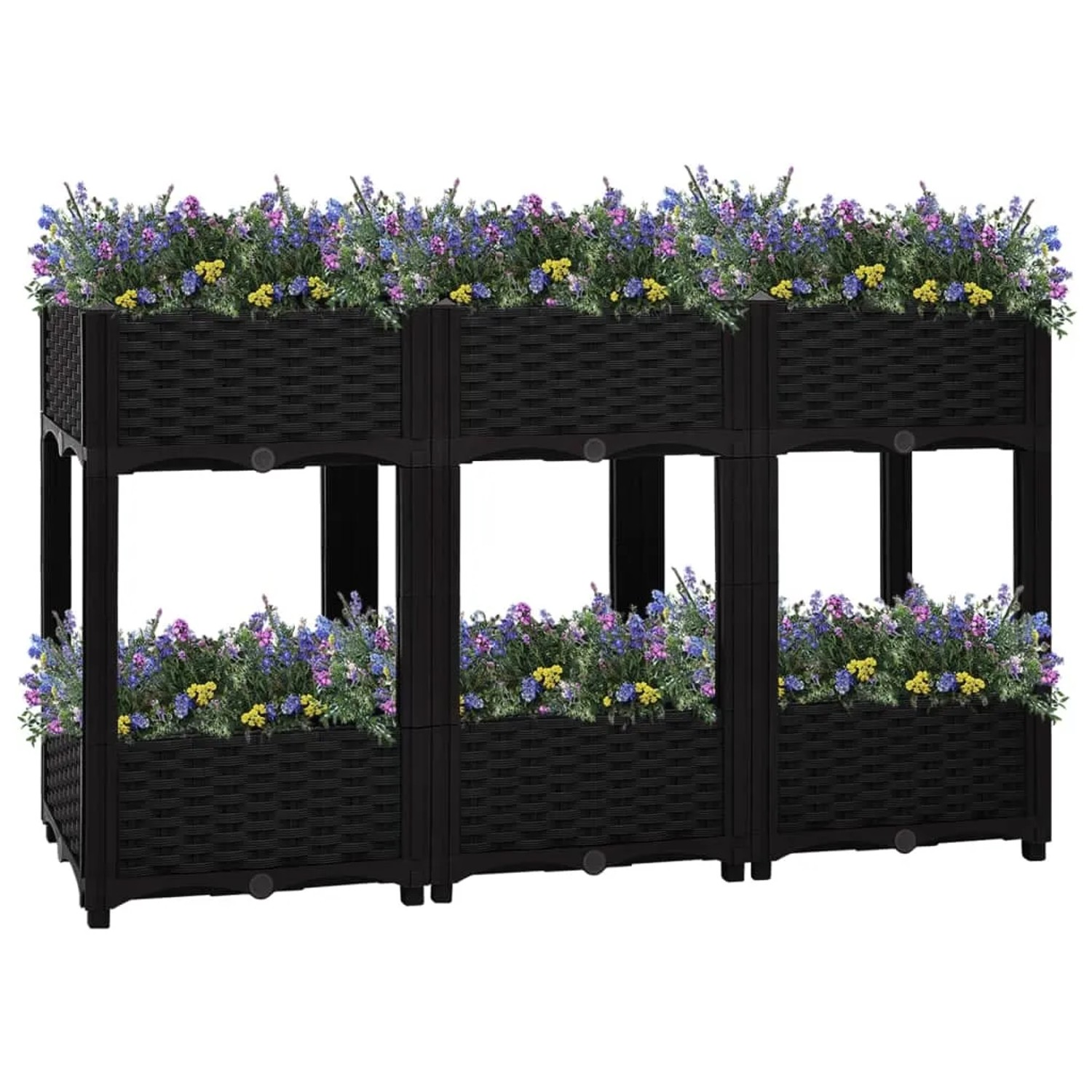 Schwarzes furnicato Hochbeet aus Polypropylen, bepflanzt mit bunten Blumen.