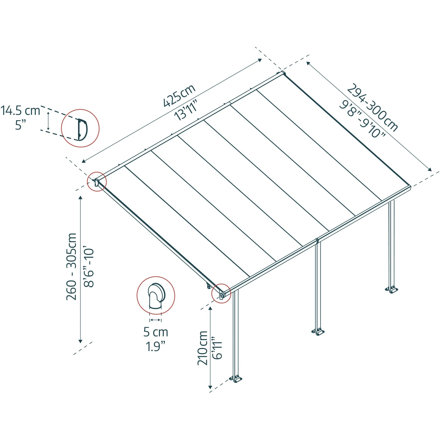 Technische Zeichnung: Palram Canopia Terrassenüberdachung Feria Anthrazit 3x4.25 mit Maßen.