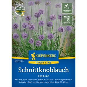 Kiepenkerl Schnittknoblauch Fat Leaf mit lila Blüten auf der Saatgutpackung.