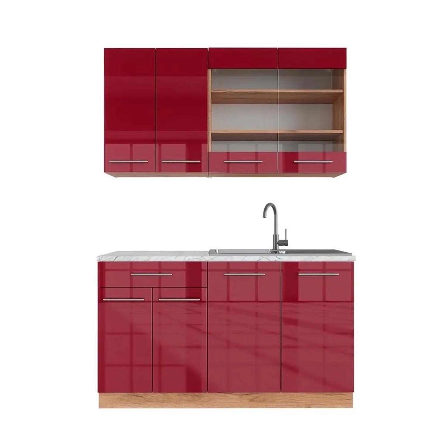 Vicco Fame-Line Singleküche Bordeaux Hochglanz Goldkraft Eiche 140 cm AP Marmor ohne E-Geräte