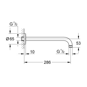 Grohe Rainshower Brausearm, rund, 286 mm, Chrom, technische Zeichnung mit Maßen.