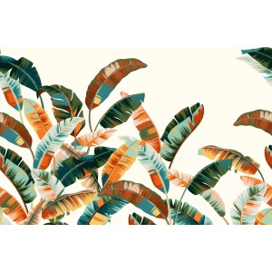 Rasch Digitaltapete Florentine III mit Palmenblätter-Motiv in Dunkelrot, Grün und Orange.