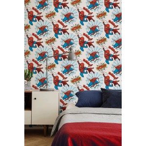 Papiertapete Marvel Spiderman Pow blau-weiß im Kinderzimmer mit Comic-Motiven.