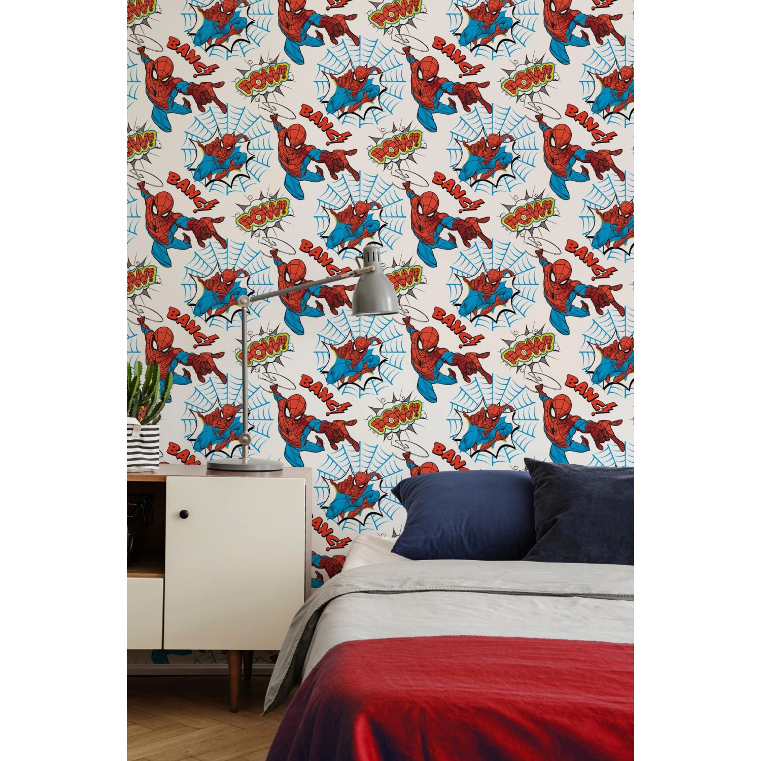 Papiertapete Marvel Spiderman Pow blau-weiß im Kinderzimmer mit Comic-Motiven.