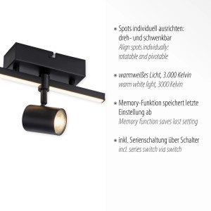 Schwarze Paul Neuhaus LED Deckenleuchte Barik mit Spot und LED-Leiste.