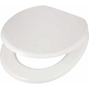 Weißer WC-Sitz Cajon mit Holzkern und robusten Metallscharnieren.