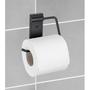 Schwarzer Wenko Toilettenpapierhalter Basic mit Papierrolle an grauer Wand.