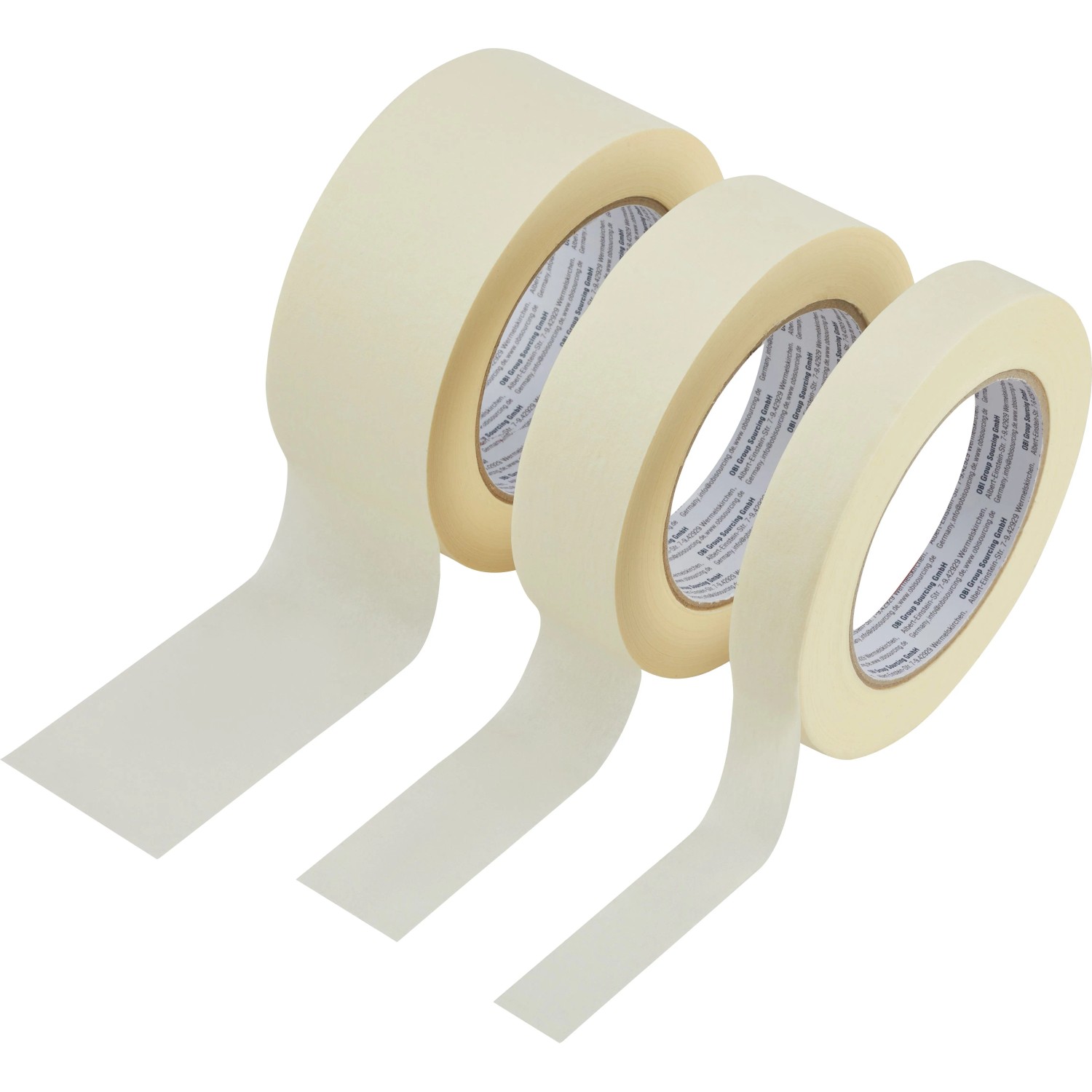 Beiges Flachkrepp Klebeband-Set mit 3 Rollen für präzise Abklebearbeiten im Innenbereich. Malerkrepp 30 mm x 50 m.