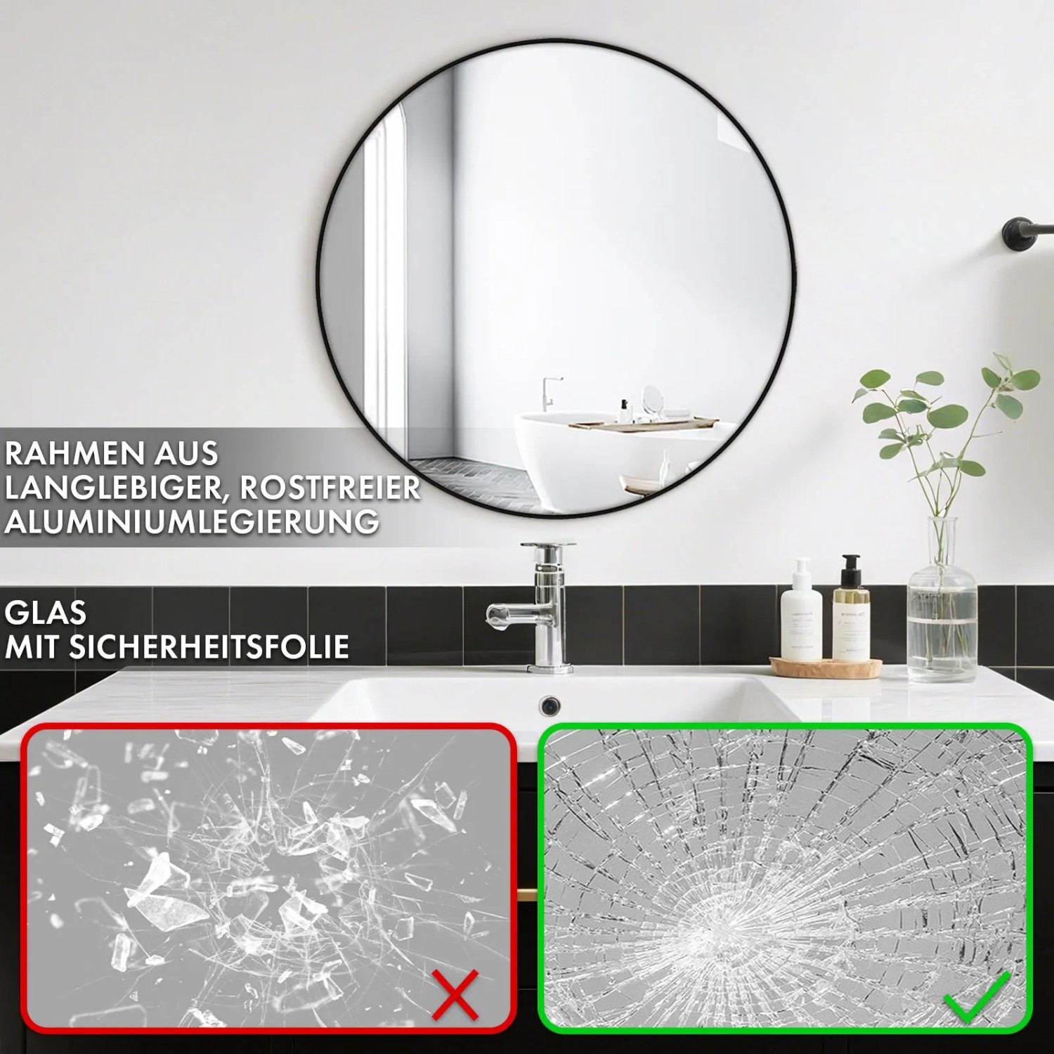 Runder Floordirekt Wandspiegel Bella, Ø 50cm, mit schwarzem Aluminiumrahmen im Badezimmer.