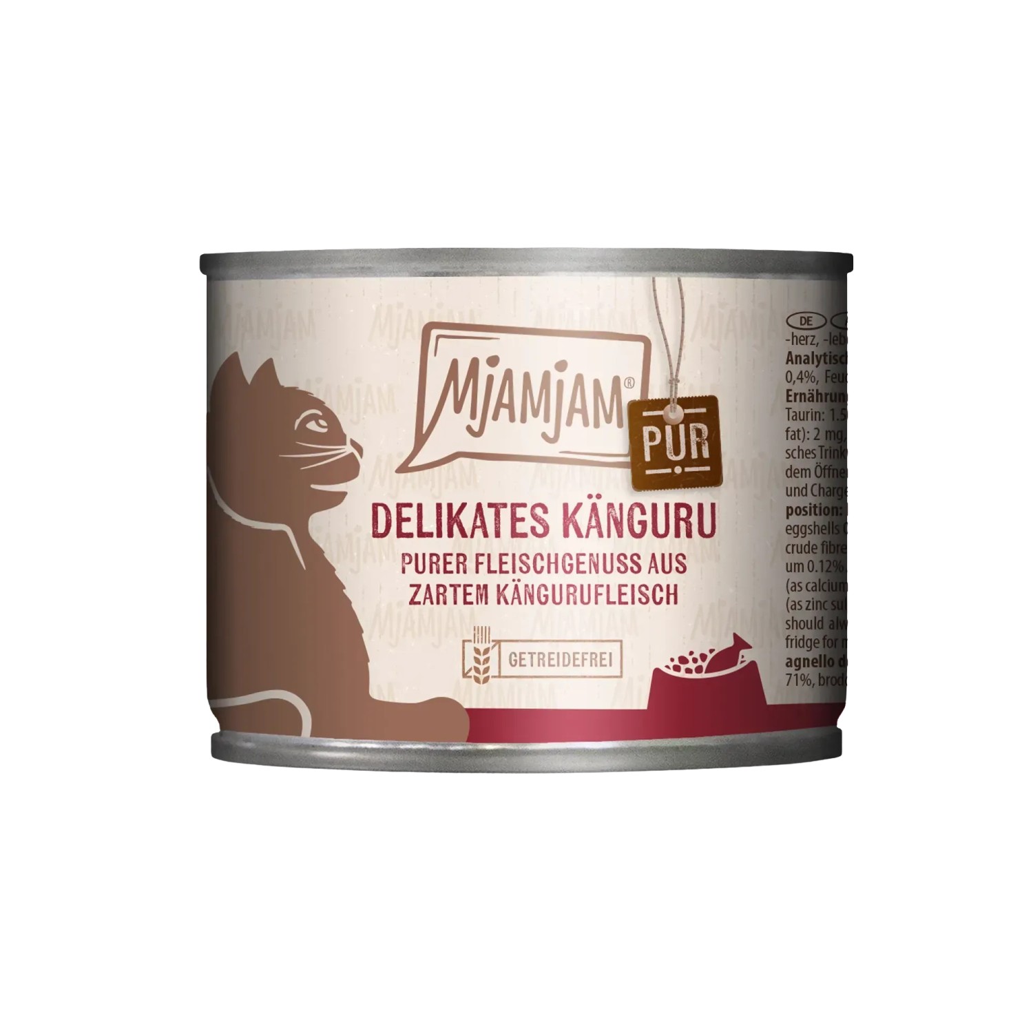 Mjamjam Katzen-Nassfutter Känguru, Dose mit Katzenmotiv und der Aufschrift "Delikates Känguru".