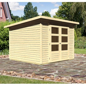 Karibu Holz-Gartenhaus Sitten 4 aus naturbelassener Fichte mit Doppeltür und Fenstern.