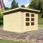 Karibu Holz-Gartenhaus Sitten 4 aus naturbelassener Fichte mit Doppeltür und Fenstern.