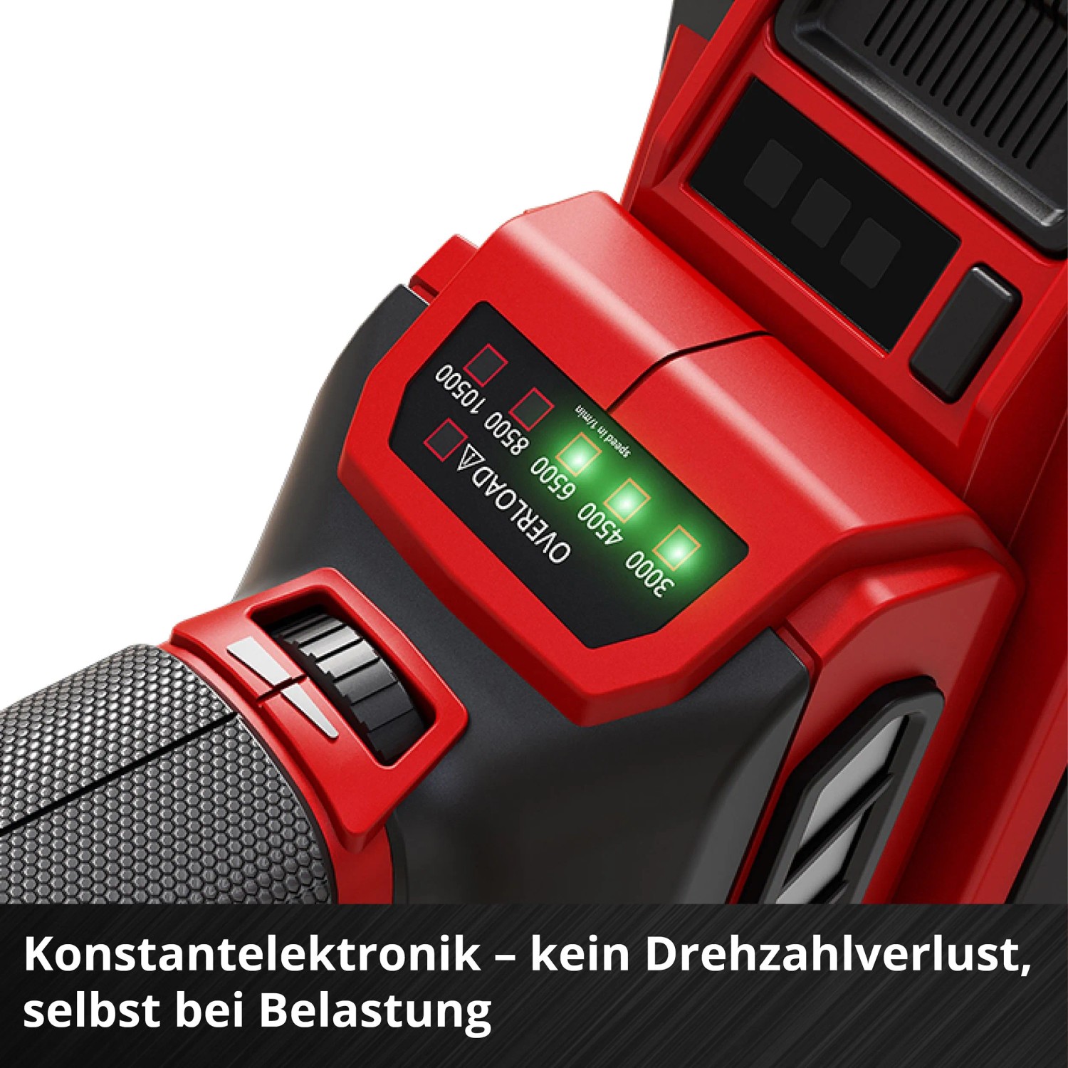 Detailaufnahme: Einhell Akku-Winkelschleifer TP-AG 18/125 mit Drehzahlanzeige und Überlastschutz.