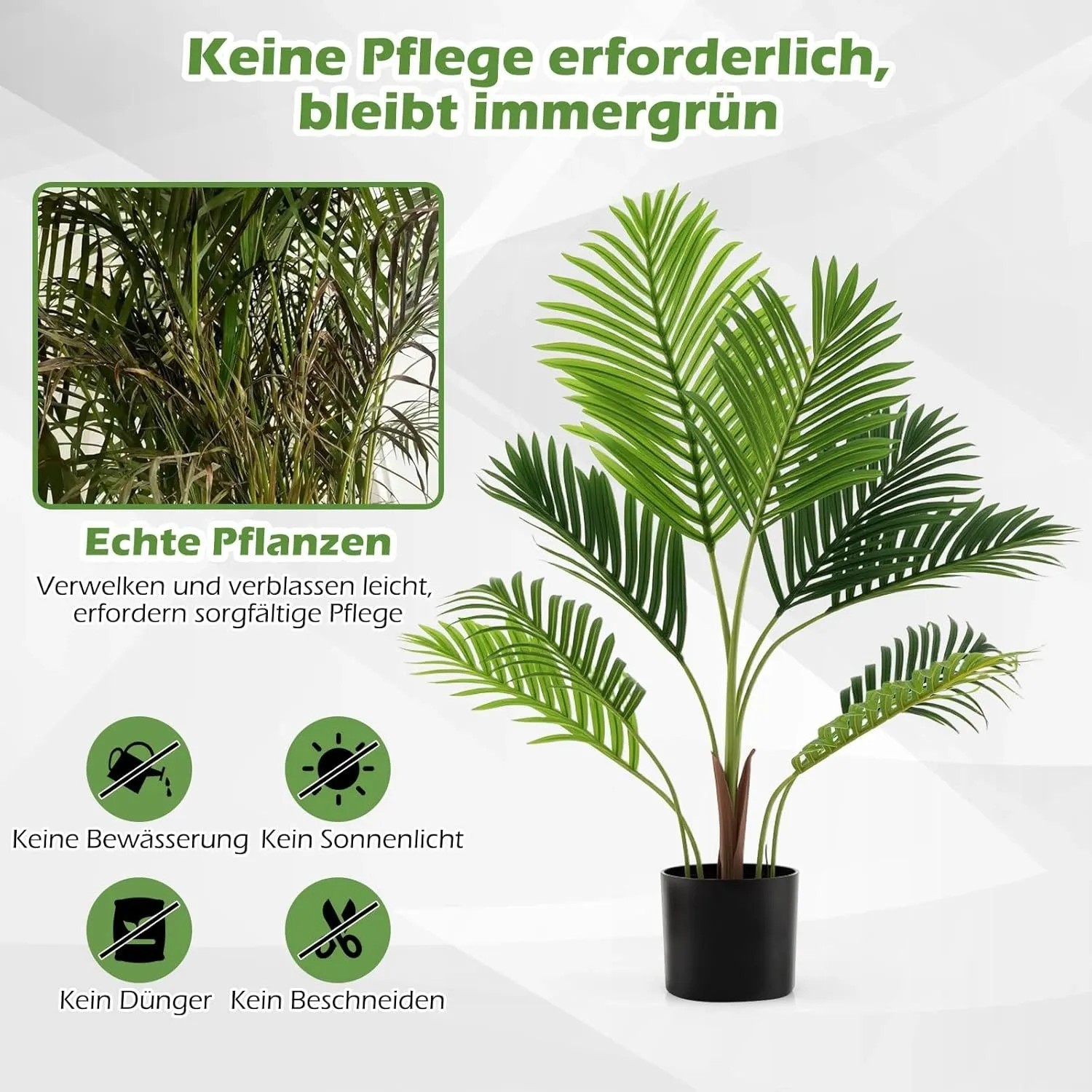 Grüne künstliche Palme im schwarzen Topf, 90cm. Pflegeleichte Zimmerpflanze im Vergleich zu echter, verwelkter Palme.