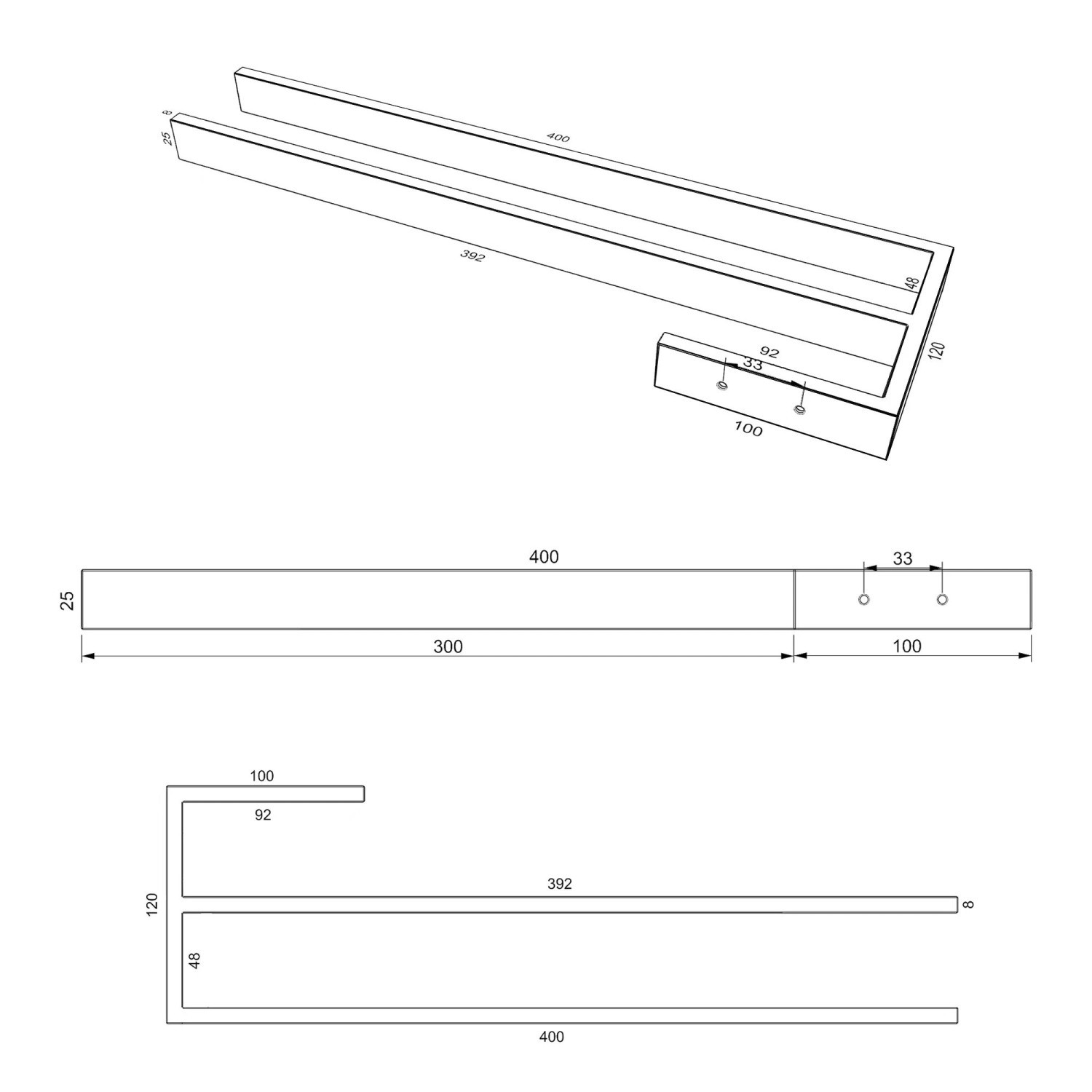 Skizze: Kalb Handtuchhalter mit zwei Stangen, Chrom, Aluminium, 400mm Länge, zur Montage am Waschtisch.