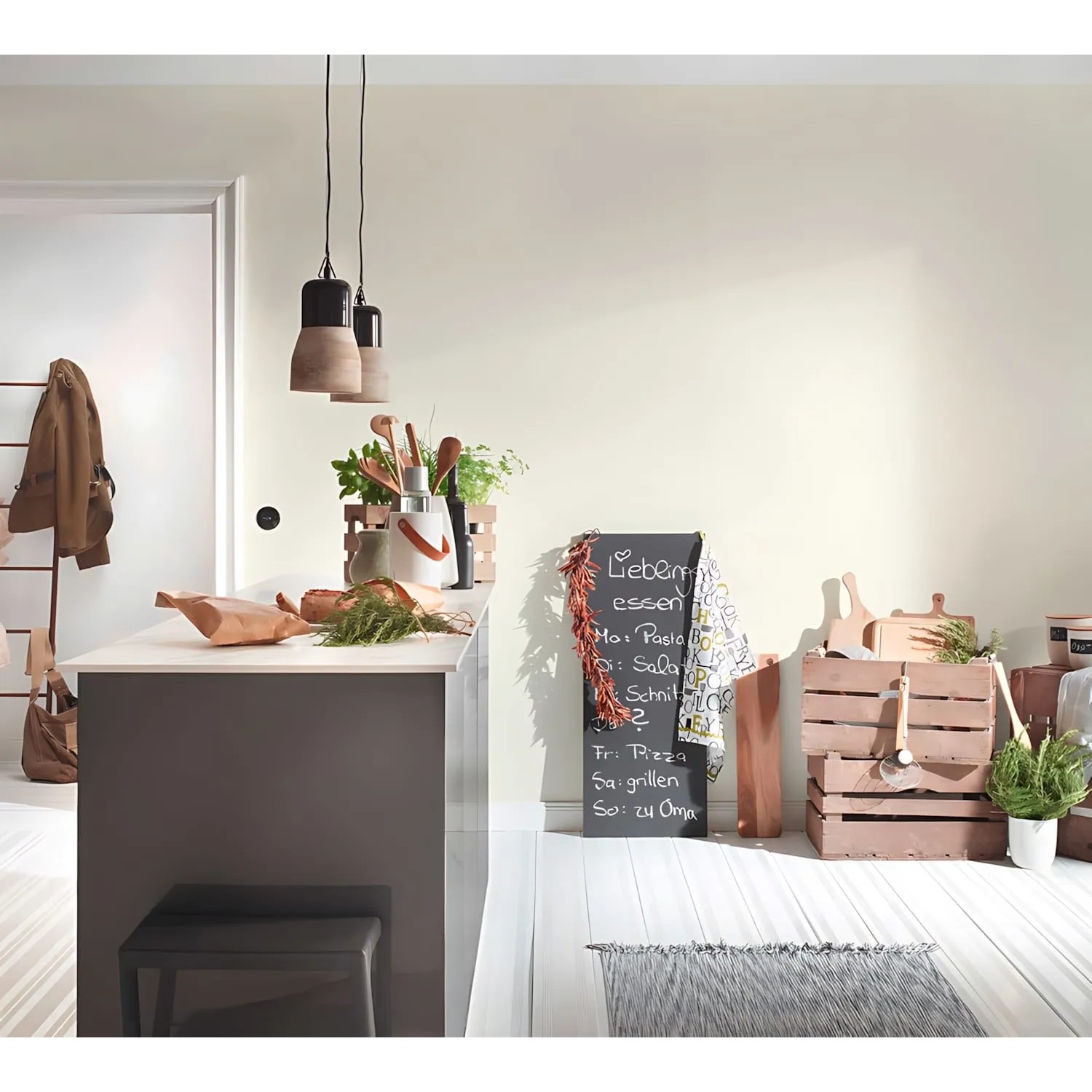Helle Küche mit PROFHOME Tapete in Creme. Uni-Design, matte Optik. Dekorative Vliestapete für Wohnräume.