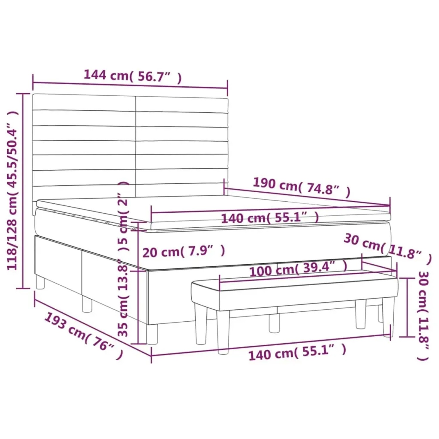 vidaXL Boxspringbett mit Matratze, dunkelgrauer Samt, 140x190 cm, mit Bank und Maßangaben.