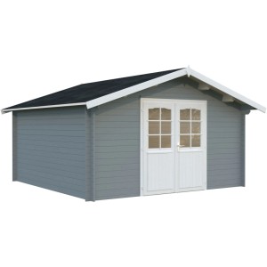Palmako Gartenhaus Lotta, 380x380 cm, grau-weiß lackiert, mit Doppeltür und Fenstern.