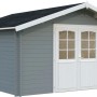 Palmako Gartenhaus Lotta, 380x380 cm, grau-weiß lackiert, mit Doppeltür und Fenstern.