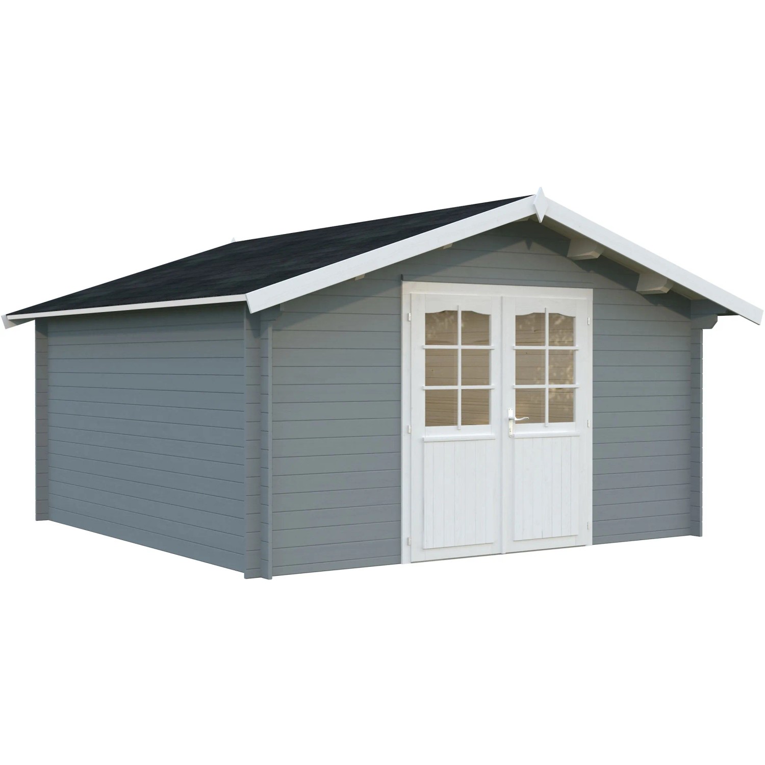 Palmako Gartenhaus Lotta, 380x380 cm, grau-weiß lackiert, mit Doppeltür und Fenstern.