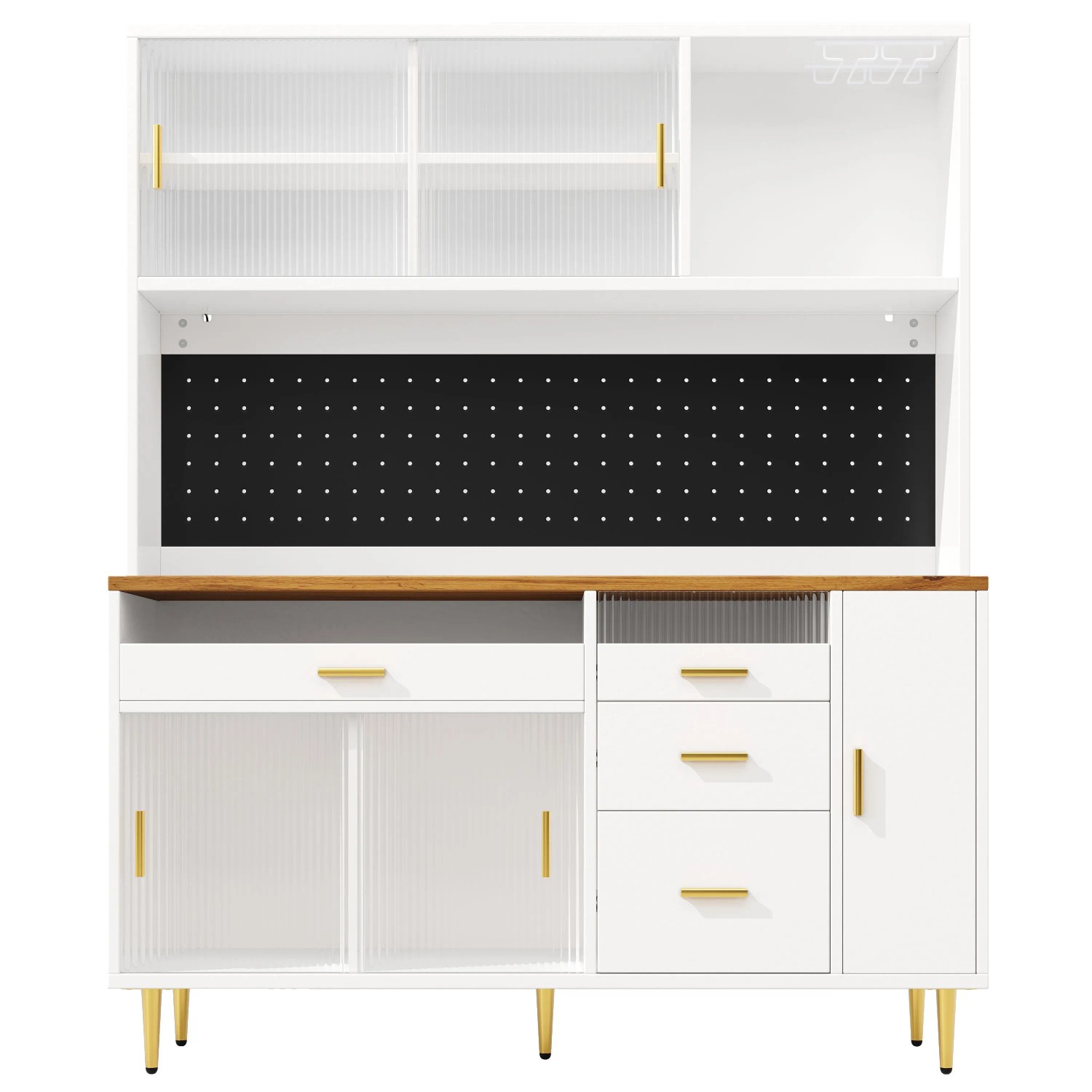 okwish Hochschrank mit LED Licht Lochwandregal Wohnzimmer 145x39x171cm Weiß